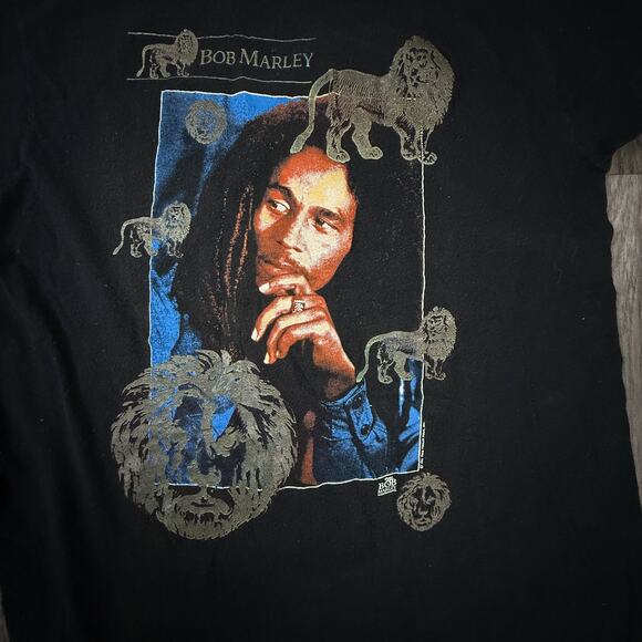VTG 90s Bob Marley Lions Graphic T-Shirt Tuff Gong Back Black Screen Stars USA L - Picture 7 of 13